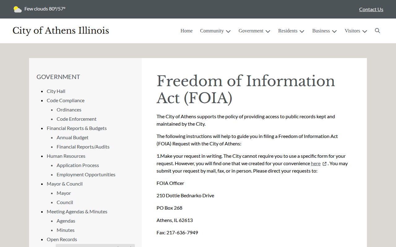 Menard County Athens police arrest records FOIA request page
