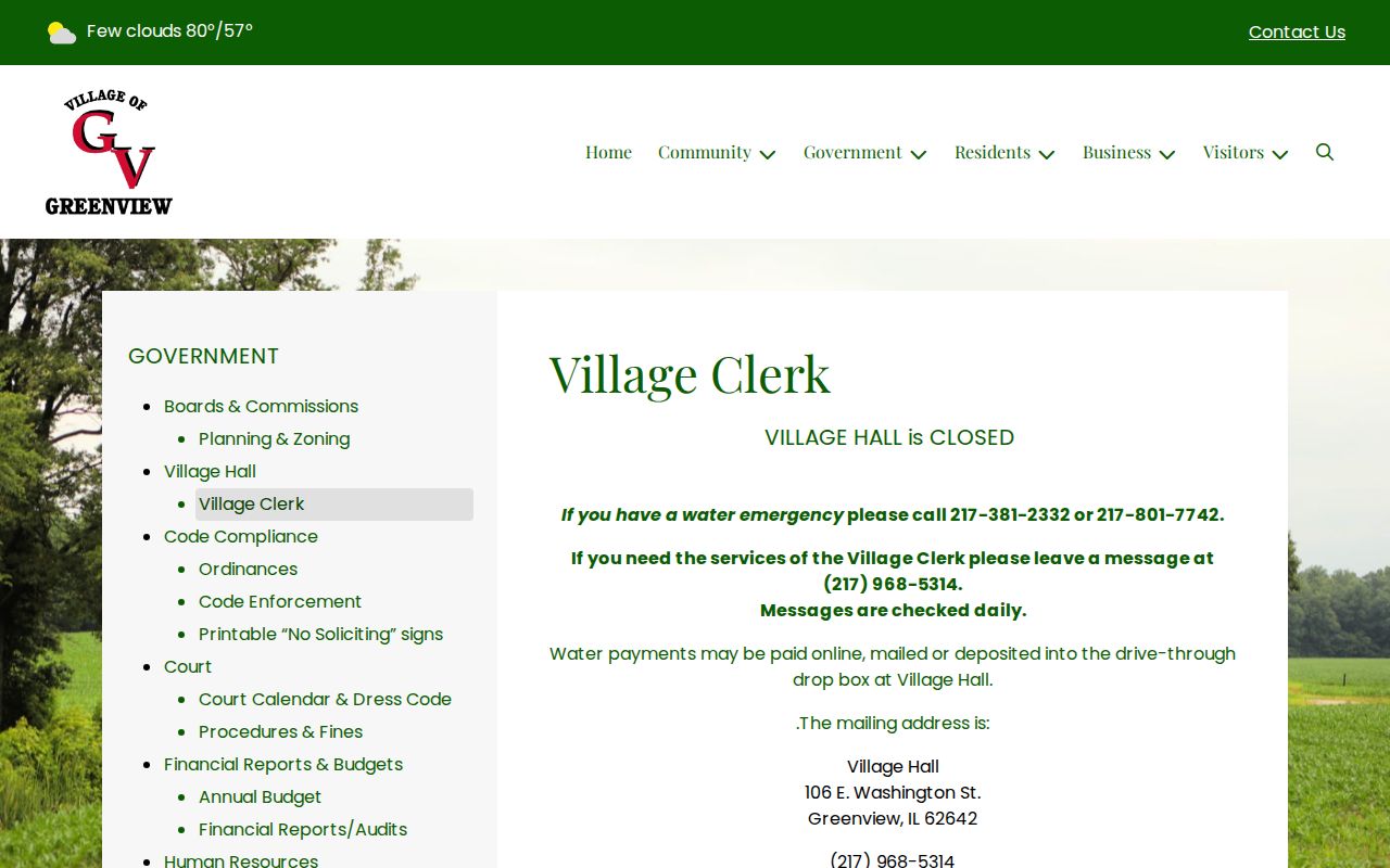 Menard County Greenview Village Clerk police records contact page