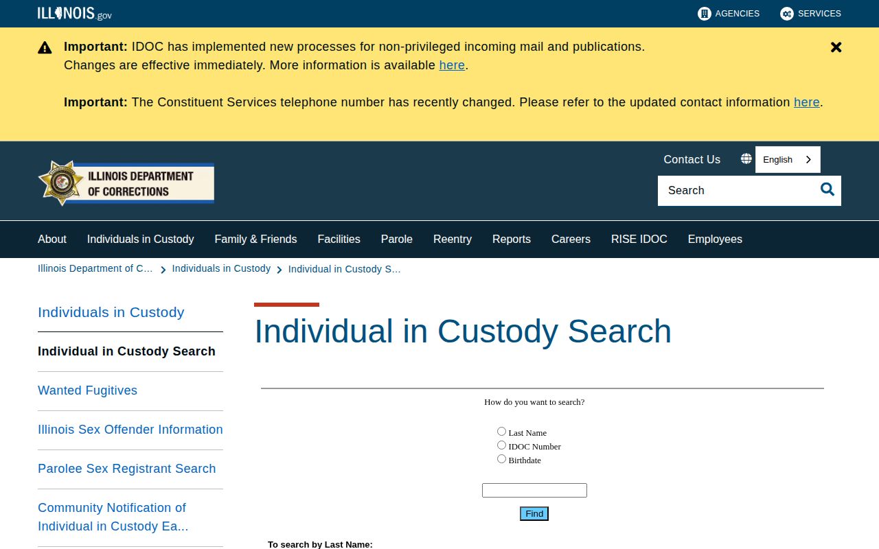 Menard County Illinois DOC offender search and state custody photo interface