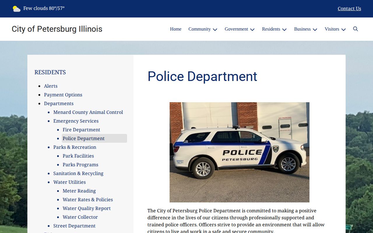 Petersburg Police Department official contact page for Menard County arrest records